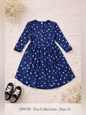 NWOT Tea Collection Girls Blue Cat Dress Size 12 Midi